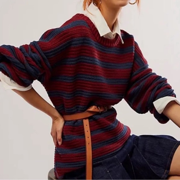 Free People Sweaters - Free People Medium Sweater Links Pullover Navy Mulberry Combo Striped Crewneck